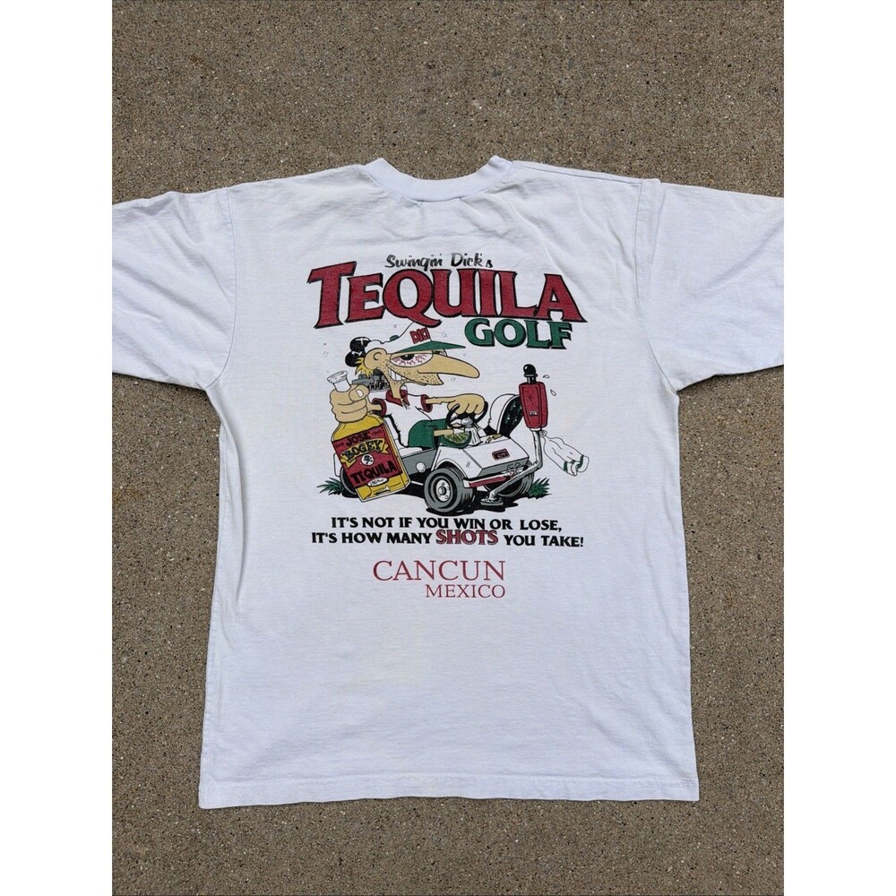 Vintage Swingin Dick’s Tequila Golf Cancun Mexico Mr Buho White Large Shirt
